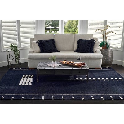 Navy and Beige Hand-Tufted Wool Runner Rug 2'6" x 8'