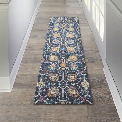 Navy Floral Synthetic Runner Rug with Latex Backing