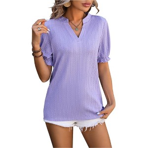 Coolmee Women Summer/Spring Puff Short Sleeve Tops Dressy Casual V-Neck T-Shirts Texture Pattern Cute Blouse for Work - 1 of 4