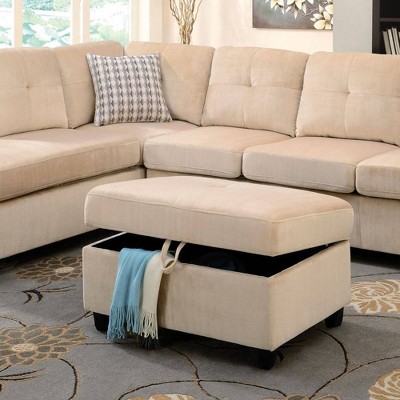 Beige Velvet Tufted Storage Ottoman with Safety Hinge