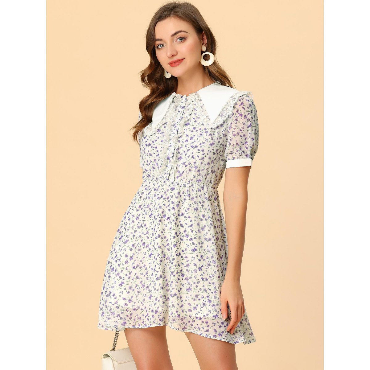 Женские платья INSPIRE CHIC Women's Lace Collar Short Sleeve Floral Print Dress White Purple X-Large — фото 2