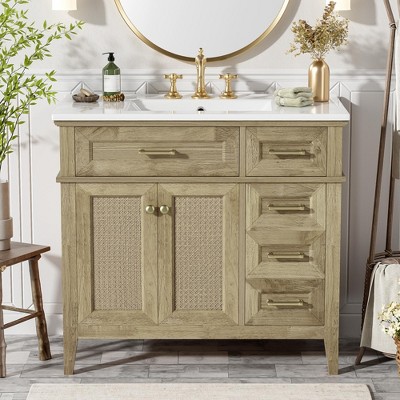 36" Light Oak Bathroom Vanity with Ceramic Sink, Soft-Close Doors, Flip-Down Drawer & Adjustable Shelf, Space-Saving Free-Standing Design - ModernLuxe
