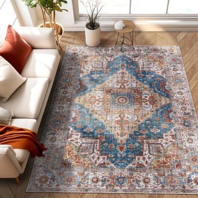 LunaLulinlk Area Rug 5x7 Vintage Bohemia Large Persian Non-slip Washable Rug Flower Design Blue/Yellow