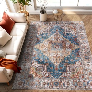 LunaLulinlk Area Rug 5x7 Vintage Bohemia Large Persian Non-slip Washable Rug Flower Design Blue/Yellow - 1 of 4