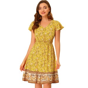 INSPIRE CHIC Women's V Neck Flutter Sleeve Smocked Waist Bohemian Dress - 1 of 4