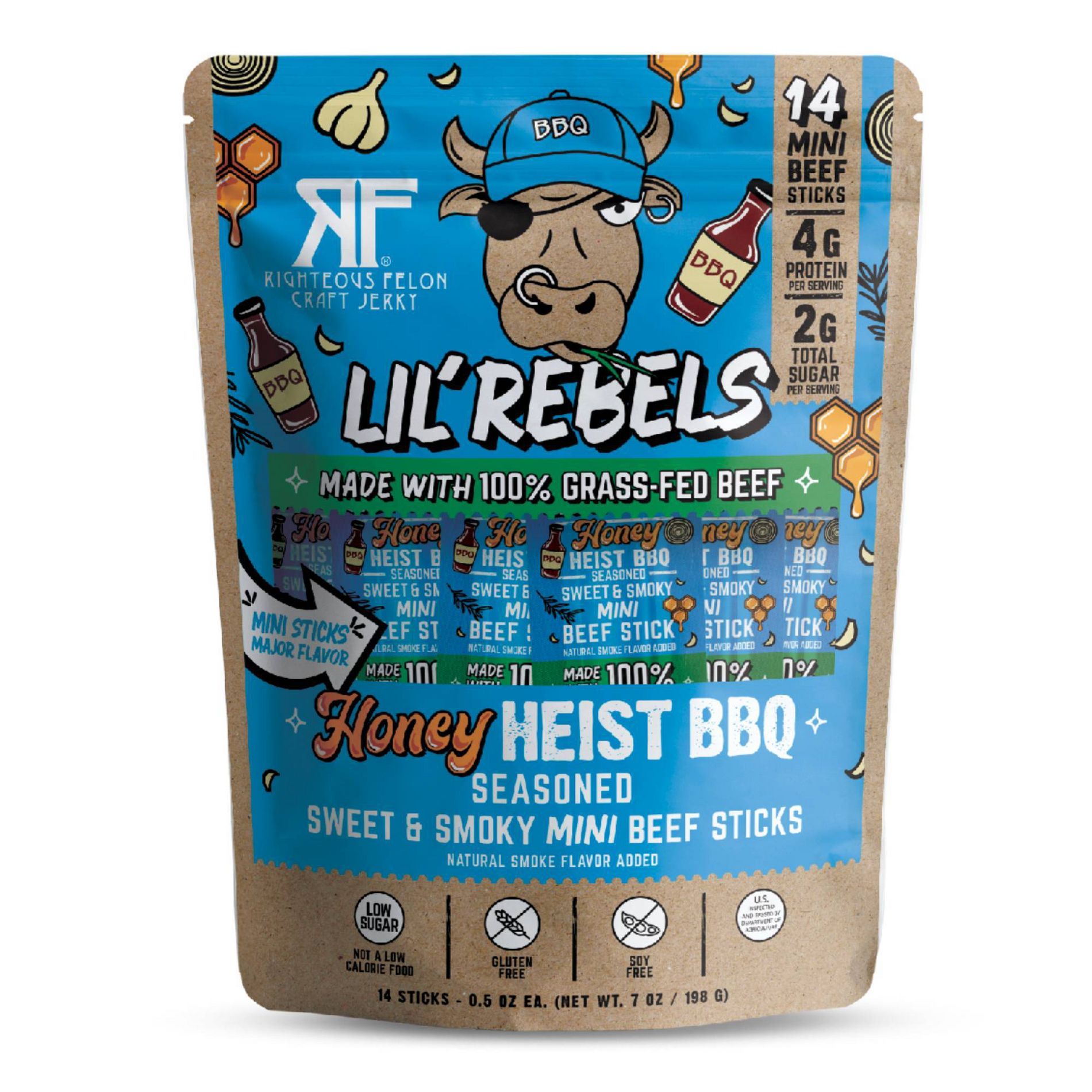 Righteous Felon Craft Jerky Honey Heist BBQ Mini High-Protein Snack Meat Sticks Beef - 7oz/14ct 