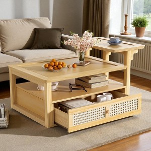 Mshliw Coffee Table with Rattan Drawer, Dining Table, Open Storage Shelf and Dual Tabletops, Sofa Table, Wood Center Table for Living Room - 1 of 4