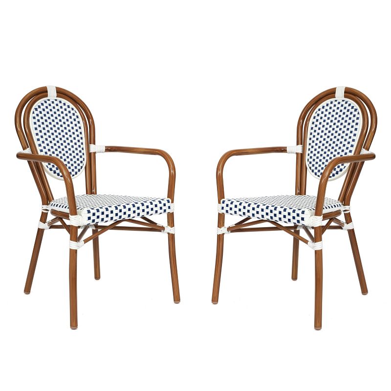 Flash Furniture 2 Pack Lourdes Indoor/Outdoor Commercial Thonet French Bistro Stacking Chair with Arms, PE Rattan and Aluminum Frame, 1 of 15