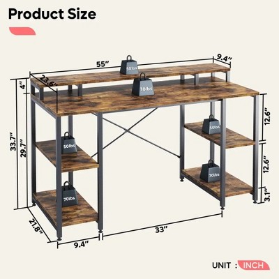 Rustic Brown Wood Gaming Desk with Monitor Shelf
