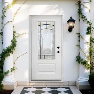 36 x 80 Smooth Fiberglass Entry Door with Brickmould, Vinyl Frame, Left Hand Inswing,White Primed Knock-Down Door - 1 of 4