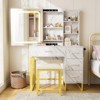 Modern Marble White Vanity Desk, Small Make Up Vanity Table with Lighted Mirror, Charging Station, Drawers, Open Shelves & Stool, Compact Dressing - 2 of 4