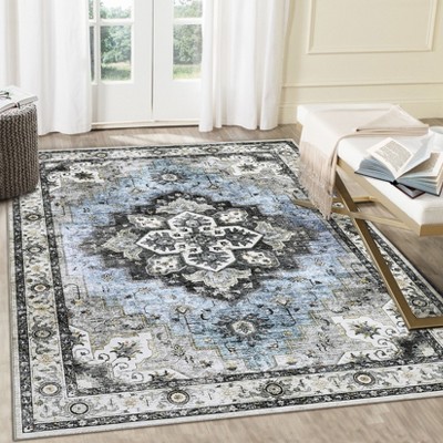 Washable Boho Area Rugs for Living Room Bedroom Vintage Medallion Rug Non Slip Low Pile Carpet