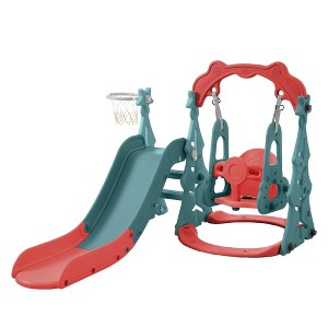 VYNXARIA 3 - in - 1 Toddler Slide, Swing Set with 1 Basketball Hoop - Vibrant Red - 1 of 4