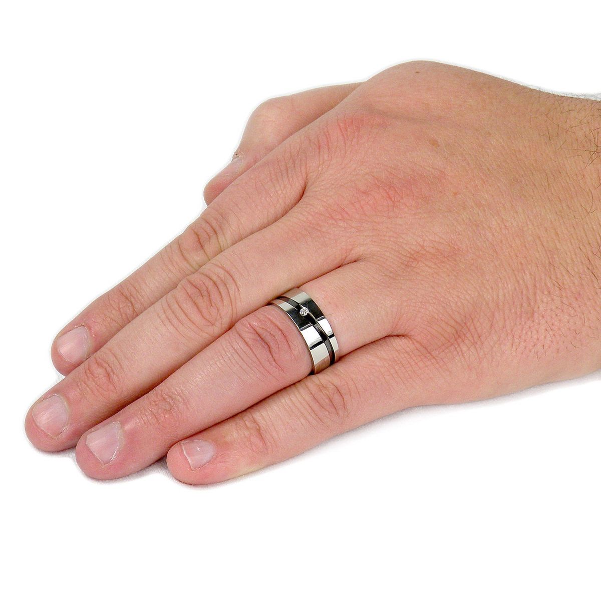 West Coast Jewelry Men's Cubic Zirconia Black Stripe Stainless Steel Wedding Band - thumbnail 2