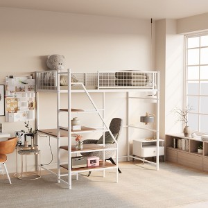 Okak Metal Twin Sized Loft Bed with Build-In Desk, Twin Bed with Security Guardrail and Storage Shelves, Bunk Bed for Kids and Adults - 1 of 4
