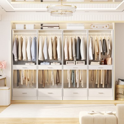 Aheaplus Closet System Organizer with Hanging Area, Freestanding Wooden Closet with Drawers