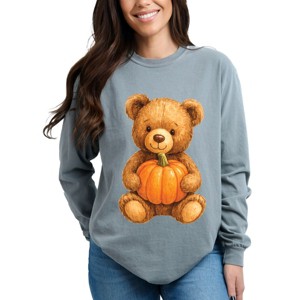 Watercolor Pumpkin Bear - Womens Garment Dyed Long Sleeve - 1 of 2