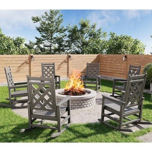 6-Piece HDPE Rocking Chair Set with Square Back and Mesh Backrest, Includes 4 Chairs and 2 Side Tables, Outdoor Patio and Garden Furniture - 1 of 4