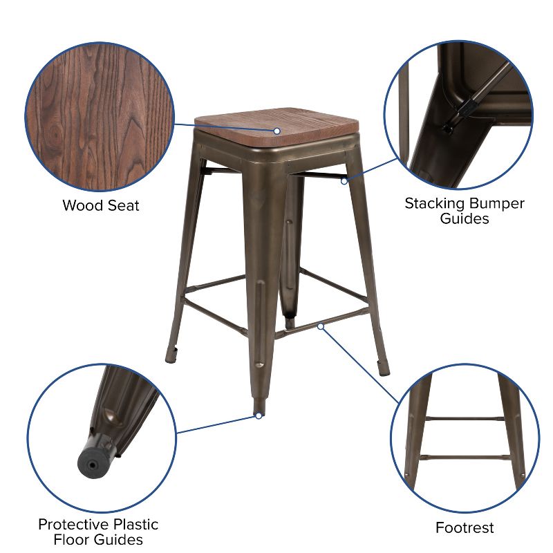 Flash Furniture 24" High Metal Counter-Height, Indoor Bar Stool with Wood Seat - Stackable Set of 4, 4 of 12