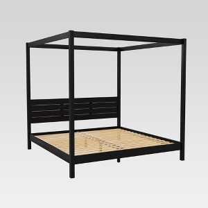 Walker Edison Modern Boho Wood Canopy Bed with Plank Headboard - 1 of 4