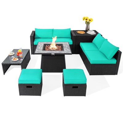 Tangkula 9 Pieces Outdoor PE Rattan Wicker Sectional Sofa with 35" Gas Fire Pit Table Space-Saving Patio Conversation Set with Storage Box Black/Grey/Navy/Red/Turquoise/Off White
