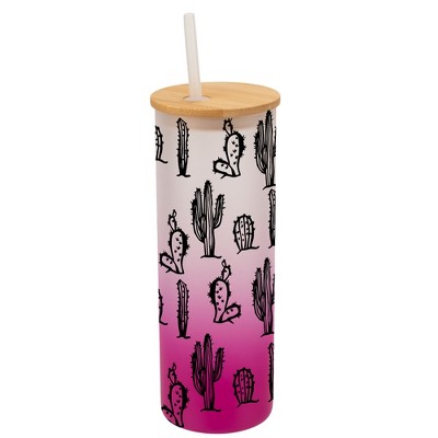 Elanze Designs Classic Cactus Desert Plant Wrap-Around Design 25 Ounce Frosted Gradient Glass On-The-Go Coffee Travel Skinny Tumbler Mug Cup, Bamboo