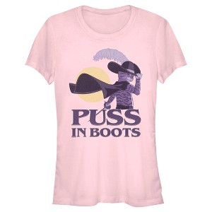 Juniors Womens Puss in Boots: The Last Wish Distressed Purple Puss in Boots T-Shirt - 1 of 4