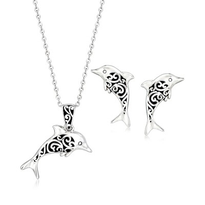 Ross-Simons Sterling Silver and Black Enamel Dolphin Jewelry Set: Earrings and Pendant Necklace Size 18
