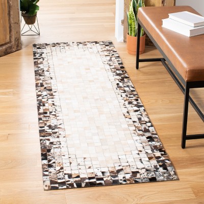 Hand-Stitched Beige & Brown Geometric Cowhide Runner Rug - 2'3" x 7'