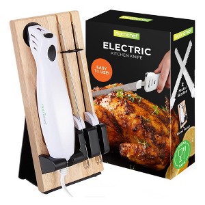 NutriChef 2 Blade 10.5 Inch Serrated Corded Electric Kitchen Knife with Ergonomic Handle and Butcher Block Storage Tray, White - 1 of 4