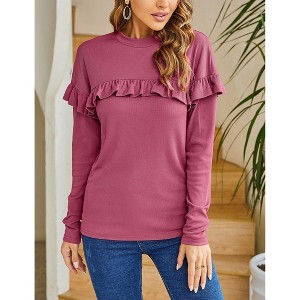 Womens Turtleneck Shoulder Knited Long Ruffle Sleeve Slim Fit Blouses Casual Sweatshirts - 1 of 4