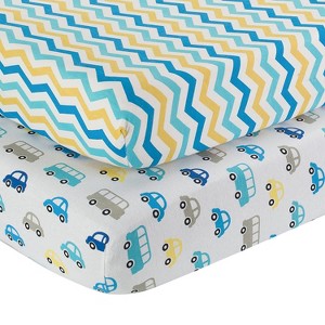 Everyday Kids 2-Pack Boys Fitted Crib Sheets – 100% Cotton Jersey, Blue, Gray & Yellow Cars and Chevron – Fits Standard Crib Mattress - 1 of 4
