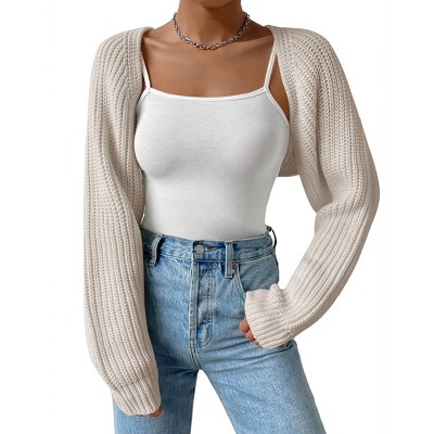 Womens Winter Sweater Shrugs Thick Sweater Knit Bolero Long Sleeve Open Front Cropped Sweater Knit Jackets,Gray - L