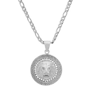 Steeltime 24" Men's stainless steel lion head round pendant with simulated diamonds and greek key accents - 1 of 4