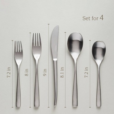 over&back 20pc Curved Flatware Set Brushed Stainless: Modern 18/8 Stainless Steel, Service for 4, Dishwasher-Safe