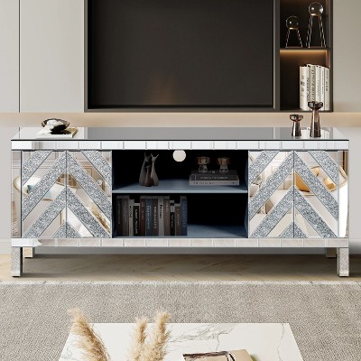 VYNXARIA Mirrored TV Stand for 65+ Inch TV - Luxurious Silver Console with Storage