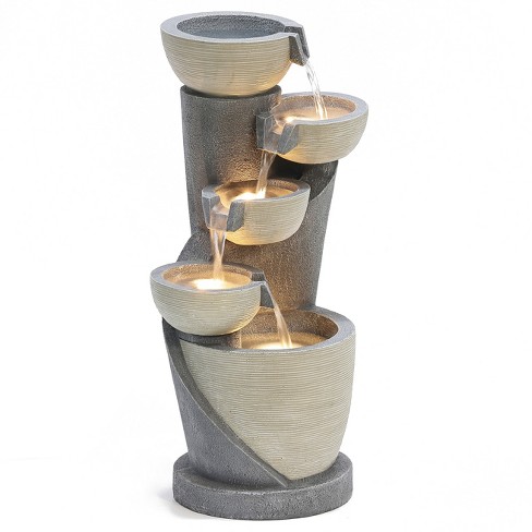 Luxenhome Gray Cascading Bowls And Column Resin Outdoor Fountain With ...