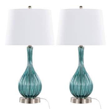 LumiSource (Set of 2) Jenny 27" Contemporary Glass Table Lamps Clear Sapphire Blue Brushed Nickel and White Shade from Grandview Gallery