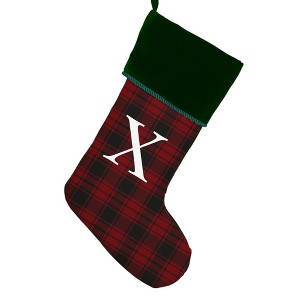 Personalization Mall Christmas Plaid Initial Christmas Stocking, Green Cuff - 1 of 2