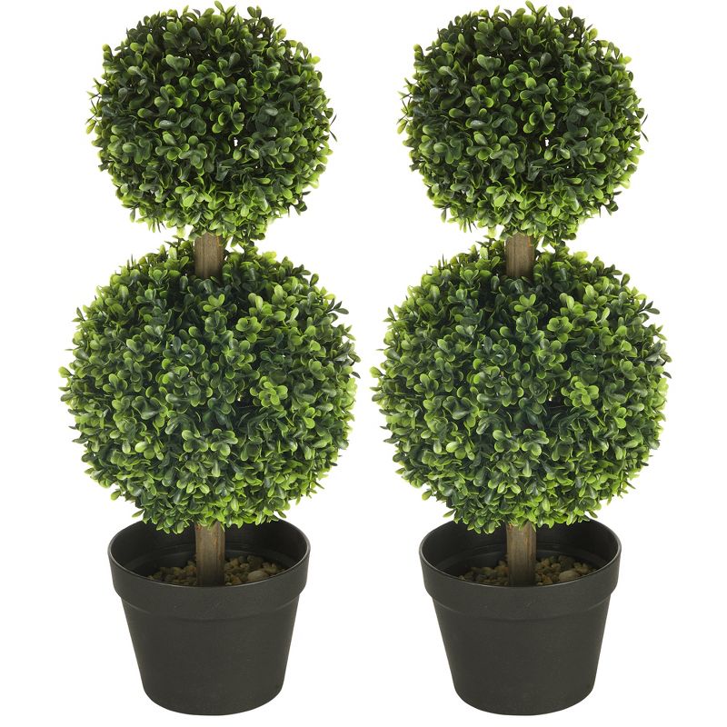 HOMCOM 2 Pack 23.5" Artificial Boxwood Topiary Ball Trees Set of 2, Double Ball-Shaped Boxwood Artificial Topiary Plants for Indoor Outdoor, Green, 4 of 7