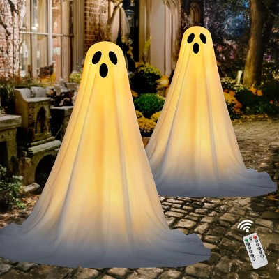 Joyfy 2 Pack 47'' Halloween Standing Ghost Outdoor Decoration, White Ghost with Warm String Light Haunted House Prop for Garden Yard Porch Lawn Decor