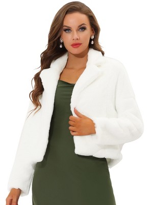 Allegra K Women's Cropped Notch Lapel Open Front Faux Fur Fluffy Coat
