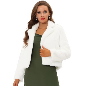 Allegra K Women's Cropped Notch Lapel Open Front Faux Fur Fluffy Coat - 1 of 4