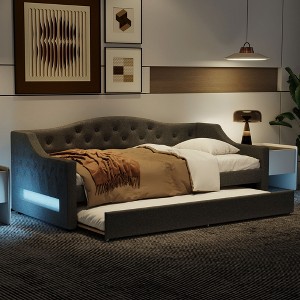 TIRAMISUBEST Upholstered Twin XL Size Daybed with LED Light and Trundle Bed, Button Tufted Bed Frame - 1 of 4