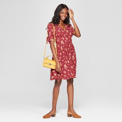 Red floral cheap button down dress