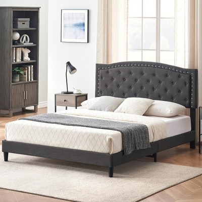 Garvee Upholstered Platform Bed Frame with Adjustable Button Tufted & Nailhead Trim Headboard, No Box Spring Needed