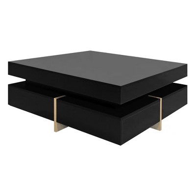 Lirago High Gloss Coffee Table 4 Drawers Multi Storage Square Cocktail Table Wood Grain Legs Living Room Center Table 31 5x31 5 Black Modern