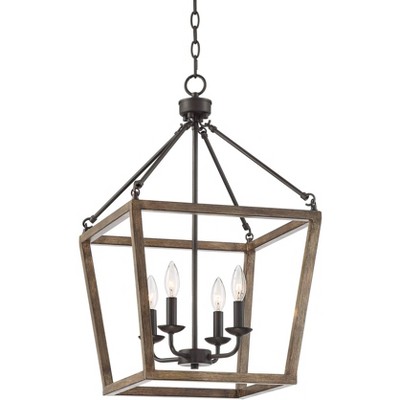 Franklin Iron Works Bronze Wood Grain Cage Foyer Pendant Chandelier 16" Wide 4-Light Farmhouse Rustic Dining Room House Kitchen