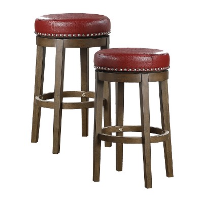 Lexicon Whitby 30.5 Inch Pub Counter Height Wooden Bar Stool with Solid Wood Legs and Faux Leather Round Swivel Seat Kitchen Barstool, Red (2 Pack)