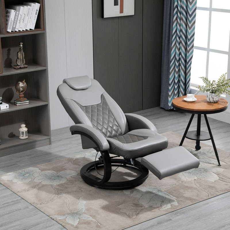 HOMCOM PU Recliner Reading Armchair with Footrest, Headrest and Round Steel/Wood Base for Living Room or Office, Gray, 2 of 9